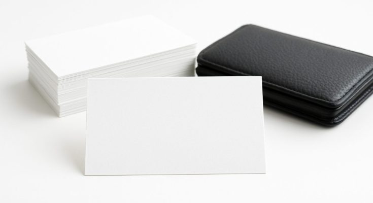 Stack of blank business cards next to a black cardholder on a white background