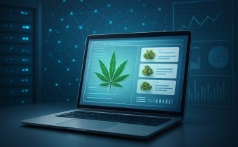 A laptop displaying cannabis products and a leaf on a digital interface, against a tech-themed background.