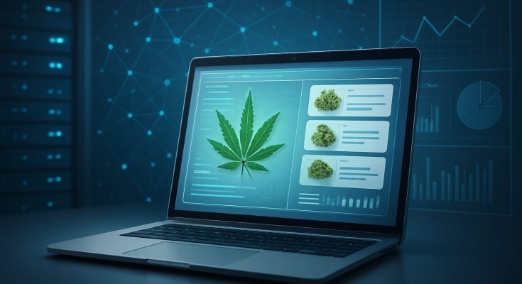 A laptop displaying cannabis products and a leaf on a digital interface, against a tech-themed background.